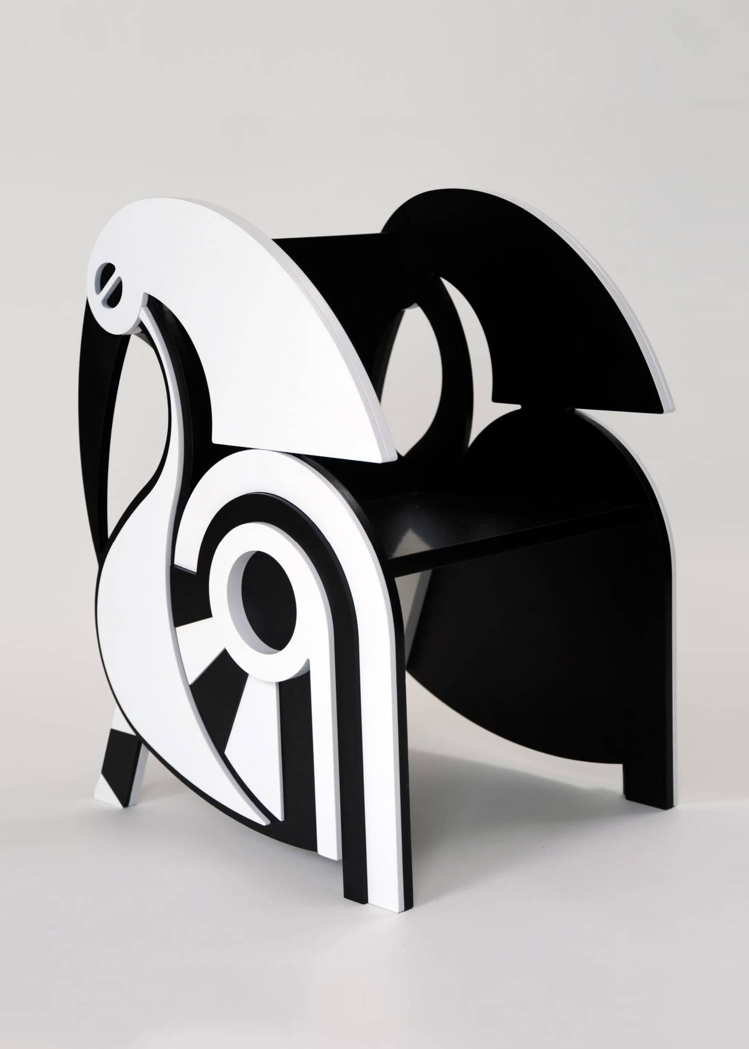 Fictional Furniture explores a fascination with development and design, striving to create “subconscious” heirlooms by injecting high design into the minds of children.

Ibis Chair, 2015
Shown in black and white starboard.
Measures: 23 3/4” H x 15