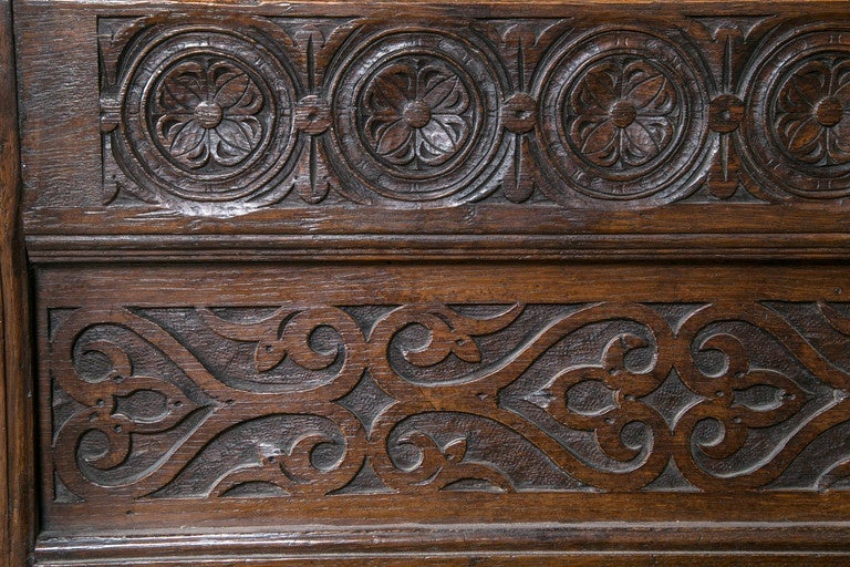 English Gothic Oak Highback Tudor Style Bench For Sale