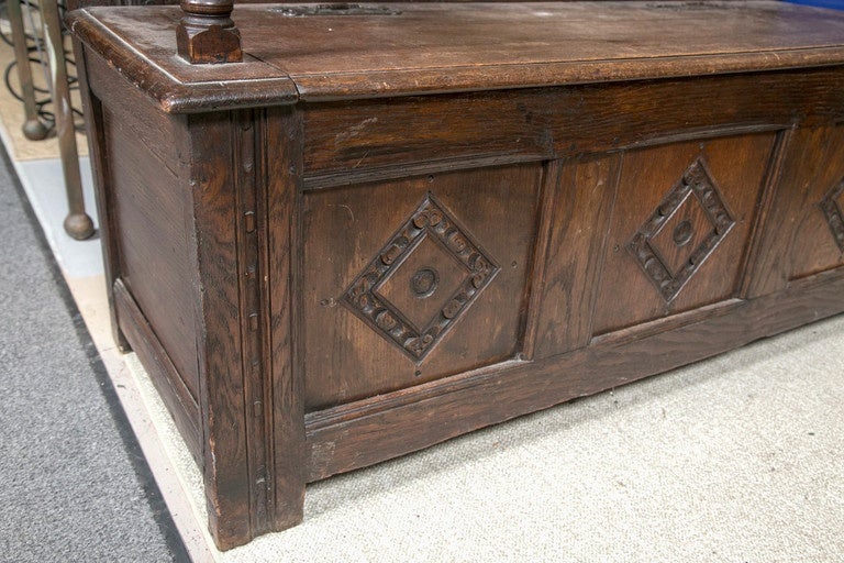 Gothic Oak Highback Tudor Style Bench In Excellent Condition For Sale In Stamford, CT