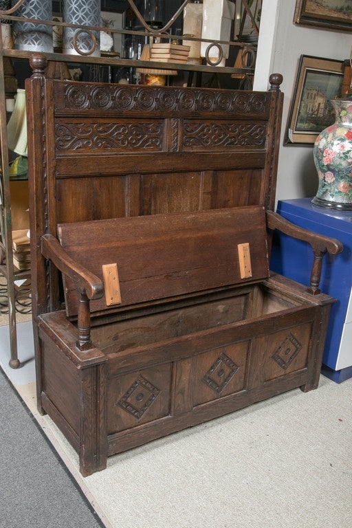 20th Century Gothic Oak Highback Tudor Style Bench For Sale