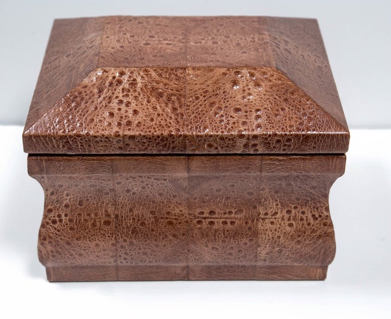 Bought in 1980 direct from Karl Springer's showroom in NYC, this sculptured lacquered frog skin box is in perfect condition, including a velvet interior.