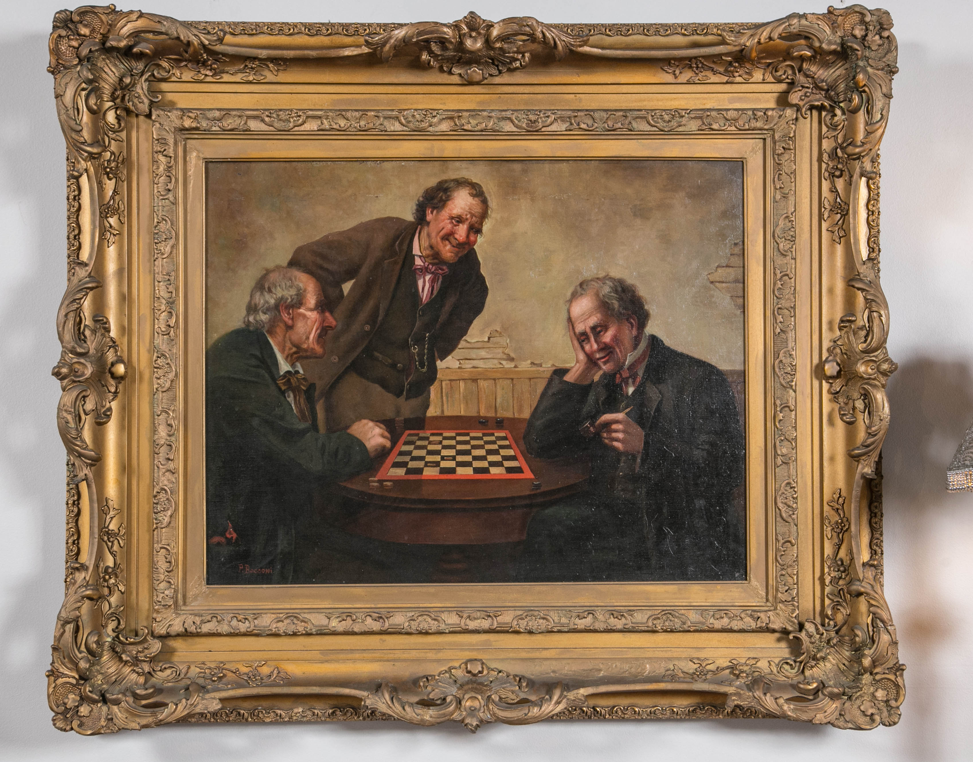 19th Century Framed Oil Painting of Men Playing Checkers Signed P. Bocconi For Sale