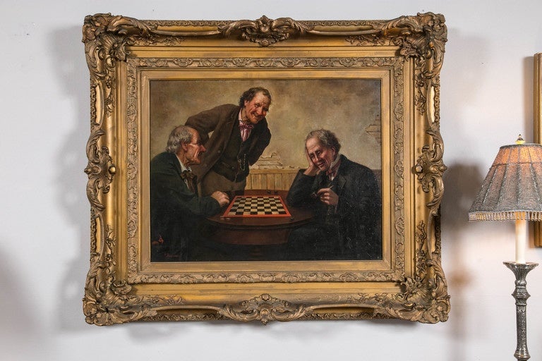 19th Century Framed Oil Painting of Men Playing Checkers Signed P. Bocconi In Good Condition For Sale In Stamford, CT
