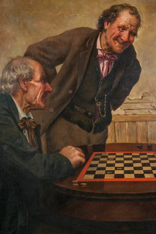 19th Century Framed Oil Painting of Men Playing Checkers Signed P. Bocconi For Sale 4