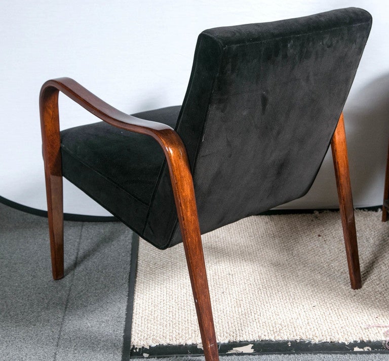 Mid-20th Century Thonet Style Pair of Art Deco Armchairs in Mahogany and Black Velvet Fabric For Sale