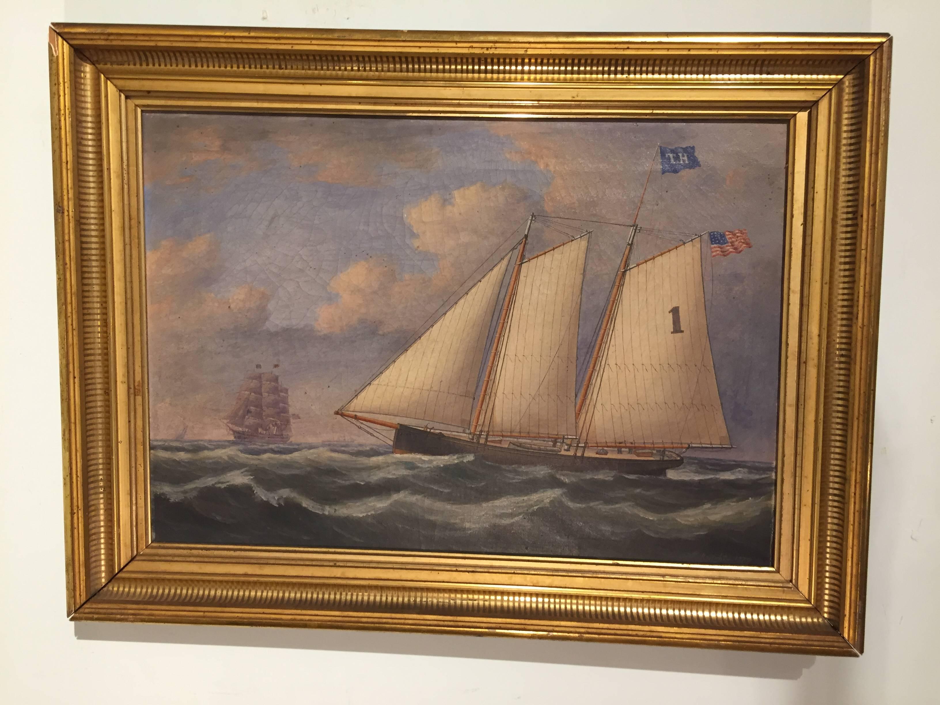 19th Century Pilot Boat Oil on Canvas Painted by John Knight For Sale 1