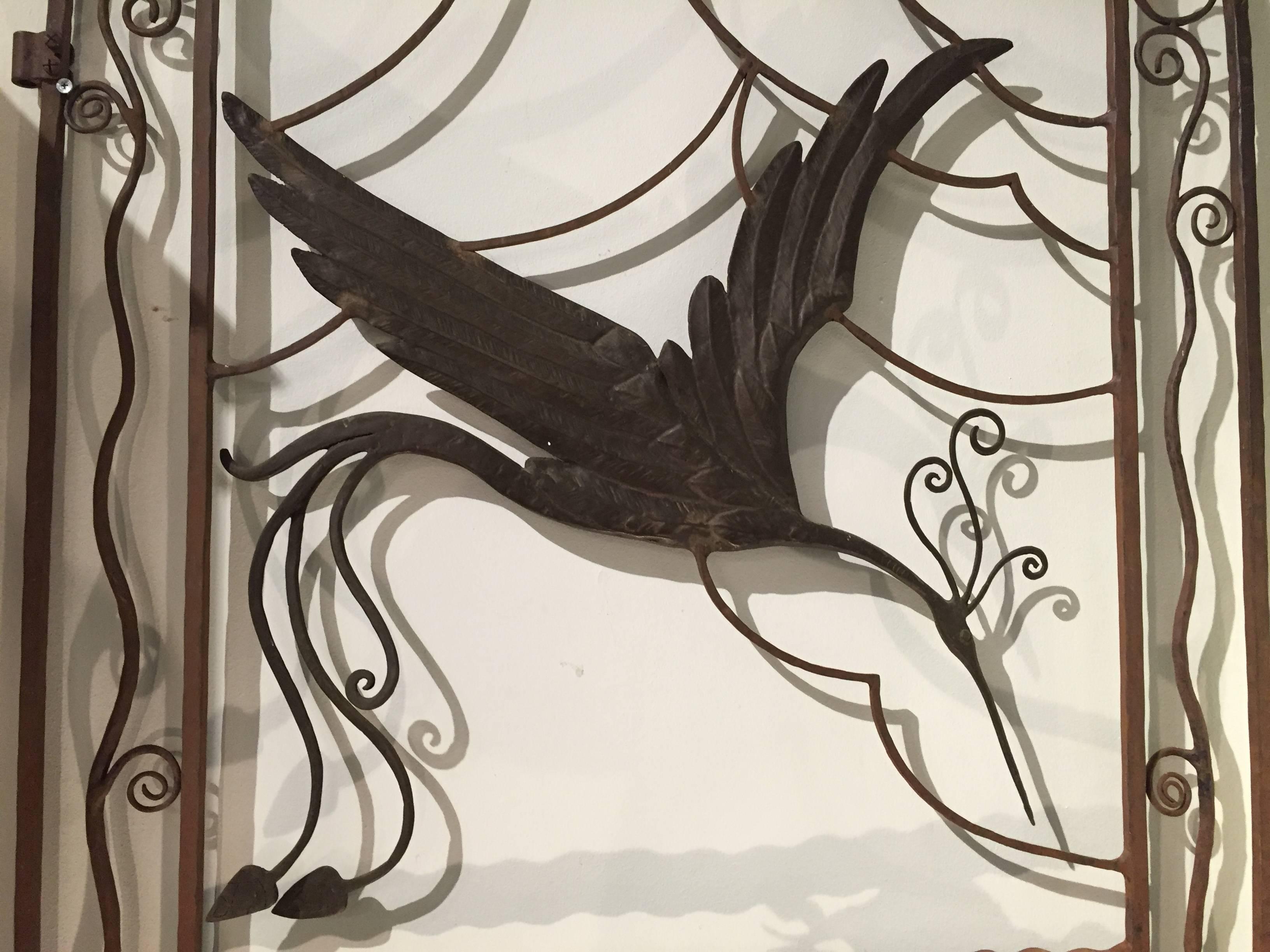 American William Hunt Diederich Style Art Deco Wrought Iron Gate with Heron and Fish