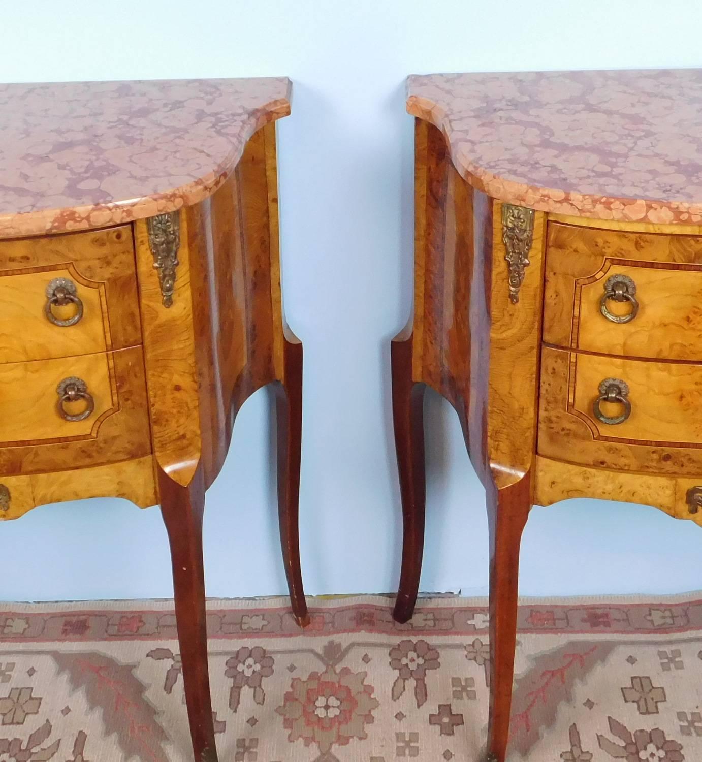 American Pair of Marble Top Inlaid Satinwood French Side Tables, circa 1930