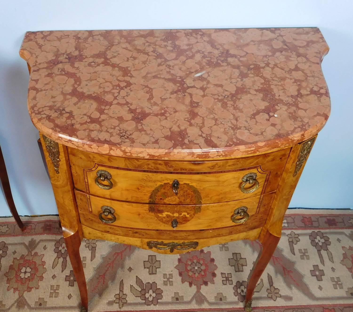 20th Century Pair of Marble Top Inlaid Satinwood French Side Tables, circa 1930