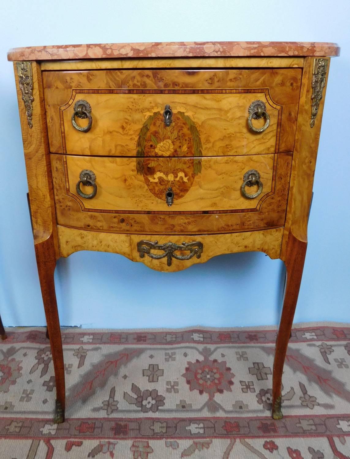 Pair of Marble Top Inlaid Satinwood French Side Tables, circa 1930 1