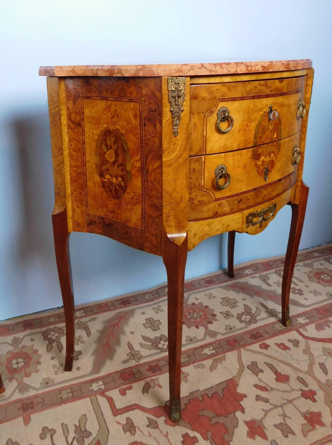 Pair of Marble Top Inlaid Satinwood French Side Tables, circa 1930 3