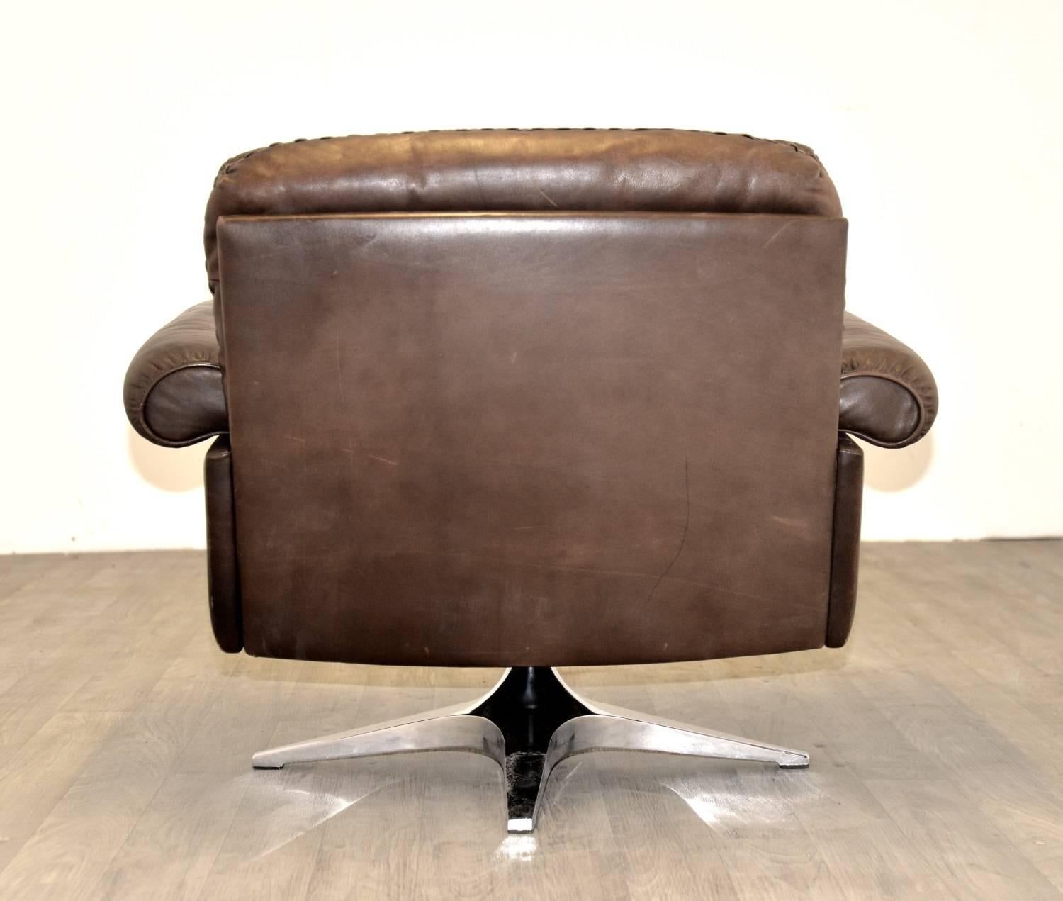 Leather Vintage De Sede DS 31 Swivel Lounge Armchair and Ottoman 1970s