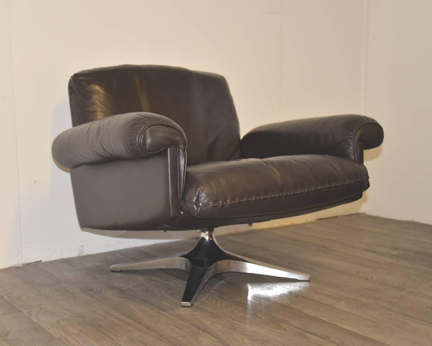 Leather Vintage De Sede DS 31 Three seat Sofa and Swivel Lounge Club Armchair, 1970s