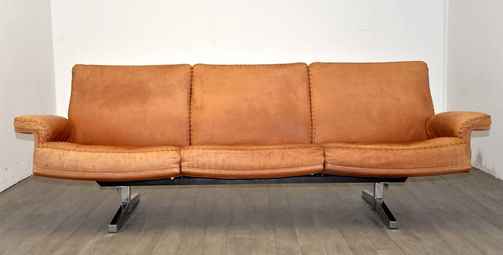 Mid-20th Century Vintage De Sede DS 35 Three-Seat Sofa and Ottoman, 1960s