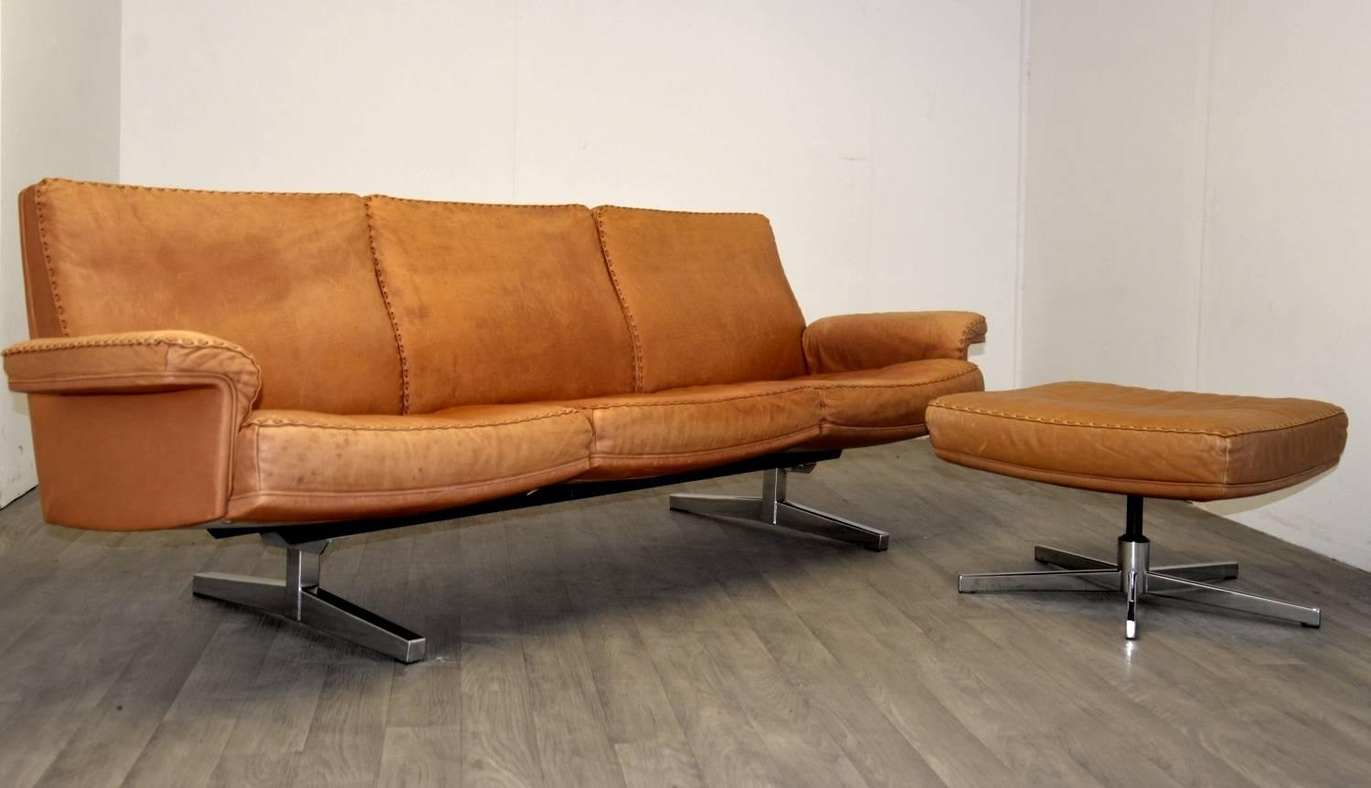 Swiss Vintage De Sede DS 35 Three-Seat Sofa and Ottoman, 1960s