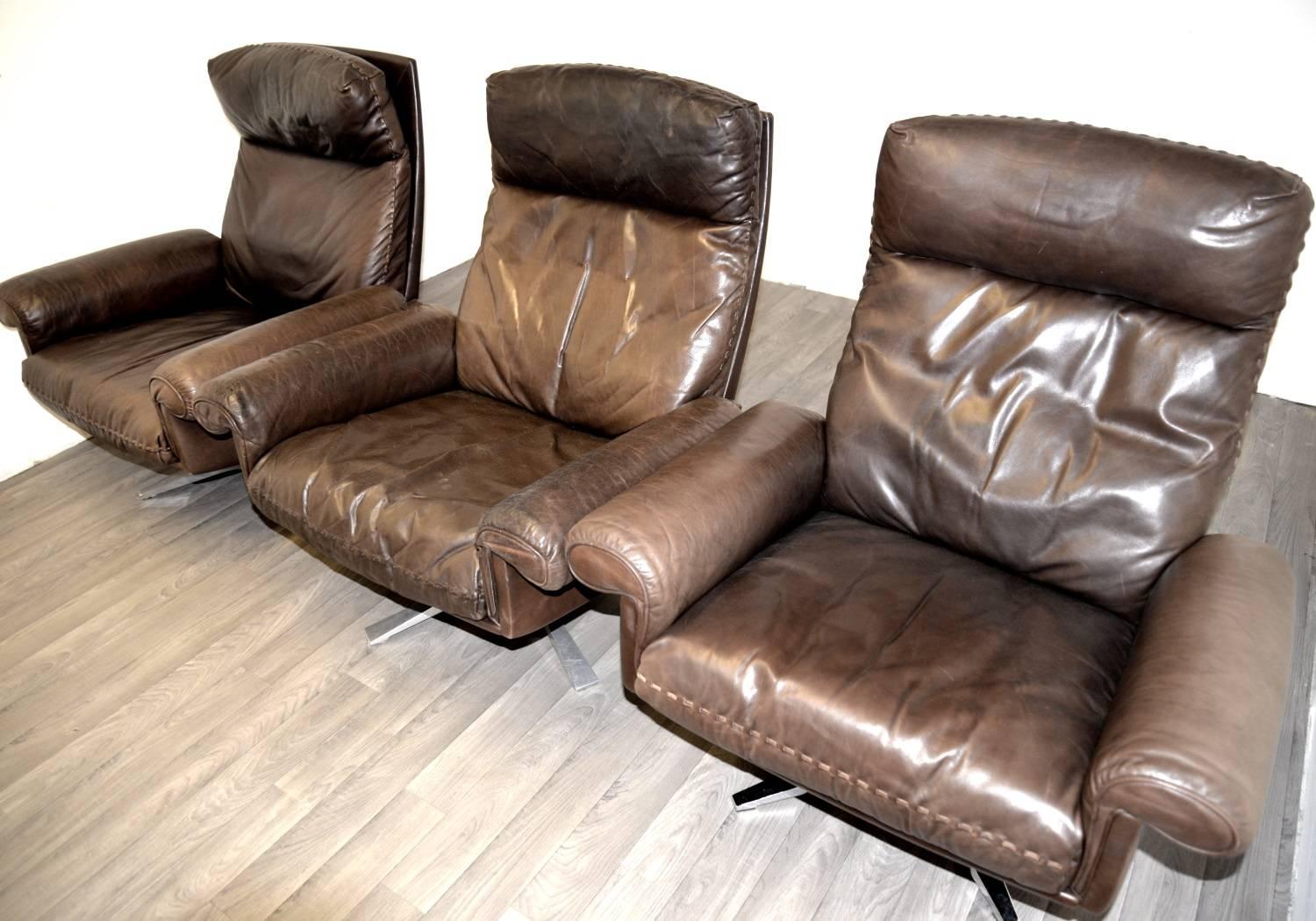 Leather Vintage De Sede DS 31 High Back Swivel Lounge Armchairs, 1970s For Sale