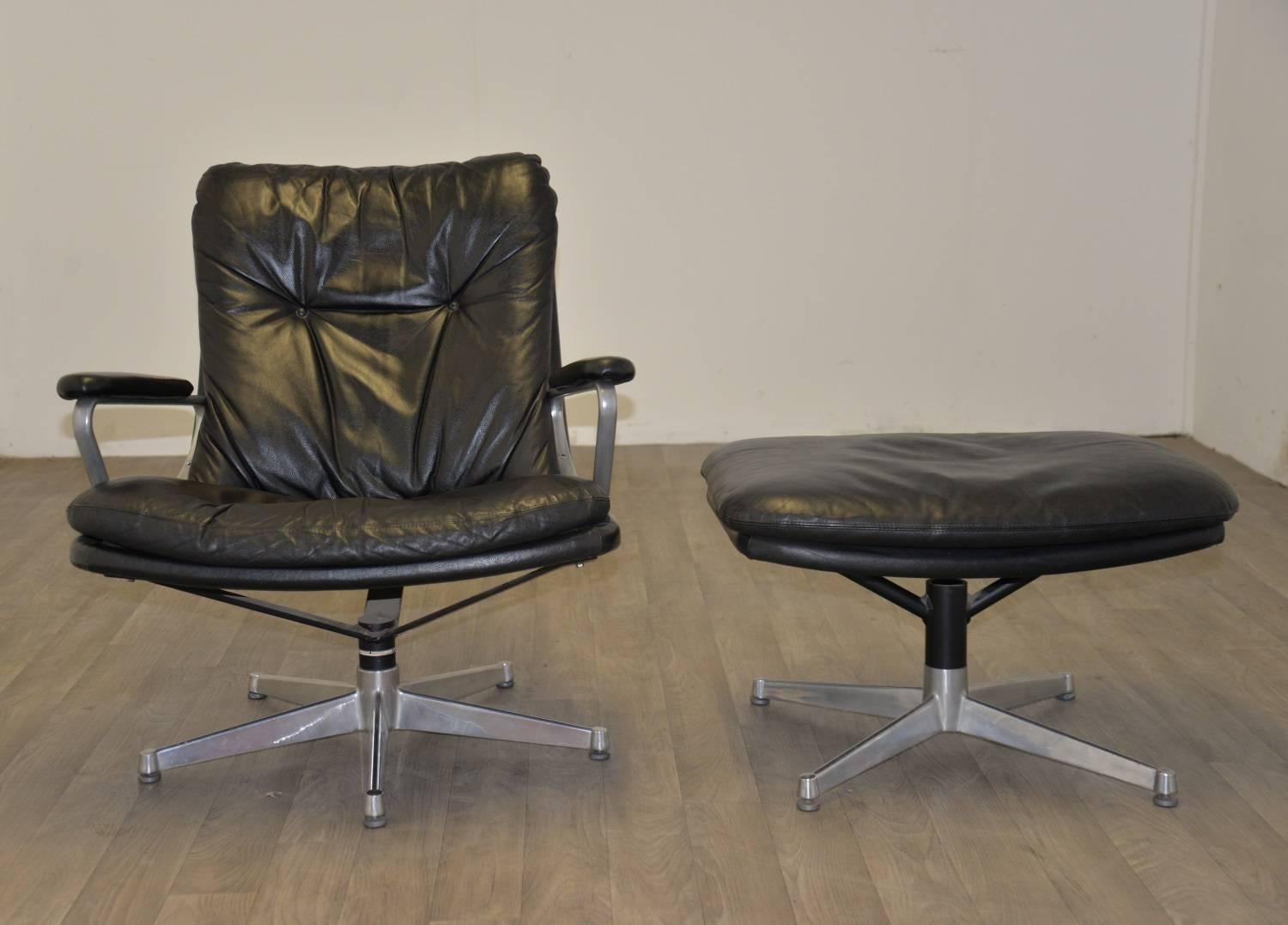 Discounted airfreight our US and International customers (2 weeks door to door).

Vintage Gentilina lounge armchair and ottoman by Strässle of Switzerland. The sister chair to the King Chair by Strässle and designed by Andre Vandenbeuck of