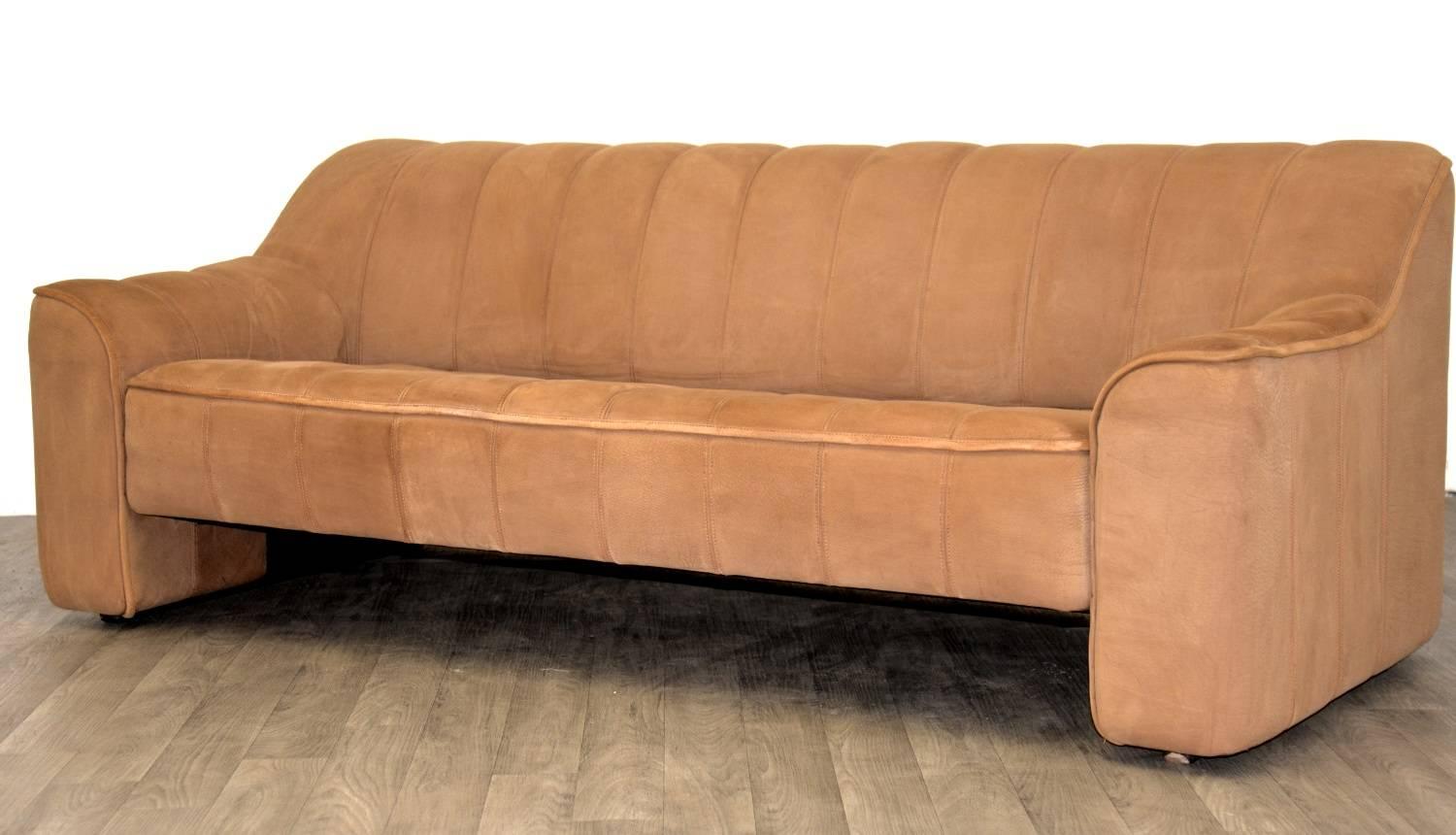 Discounted airfreight for our US and International customers (from 2 weeks door to door)

A matching pair of vintage De Sede DS 44 three-seat sofa and loveseat in thick buffalo leather with a texture similar to suede, soft and silky. Built circa