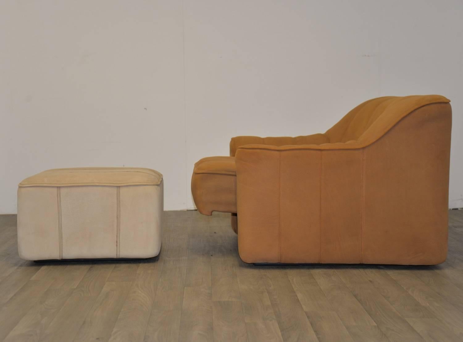 Mid-Century Modern Vintage De Sede DS 44 Sofa and Matching Armchair with Ottoman, 1970s