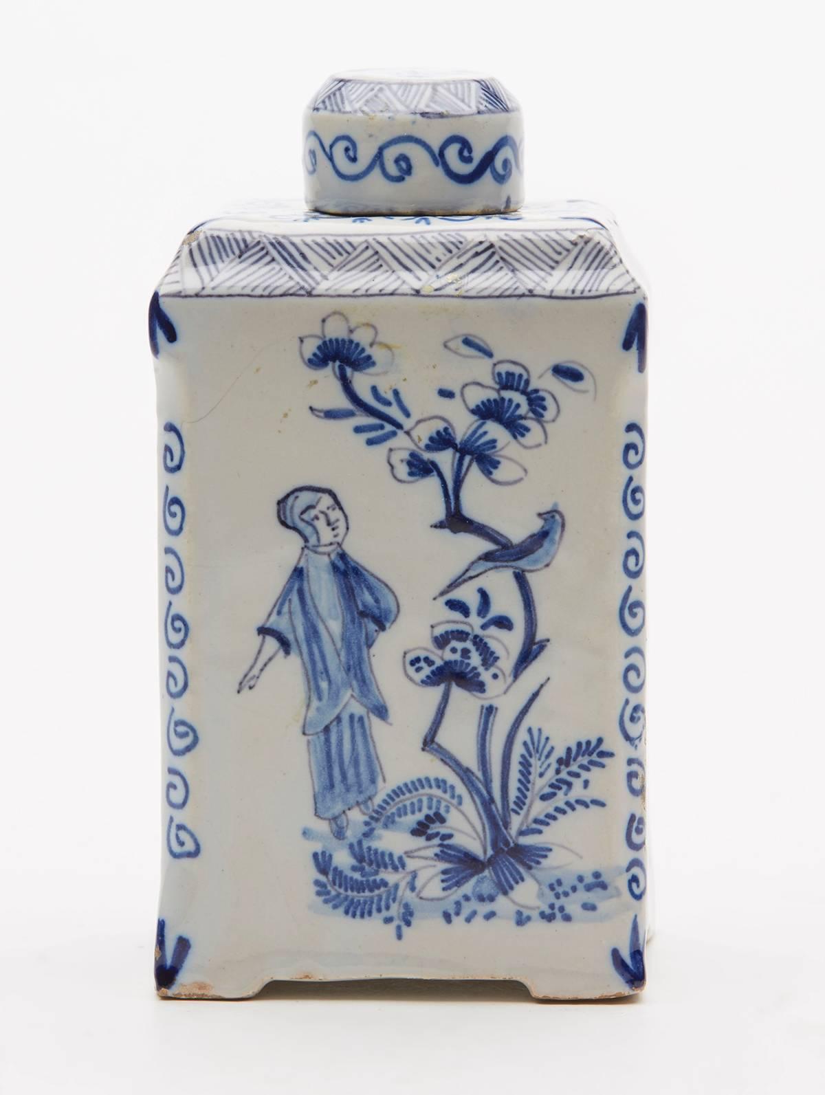 Glazed Antique Delft Faience Blue and White Tea Caddy 18th Century