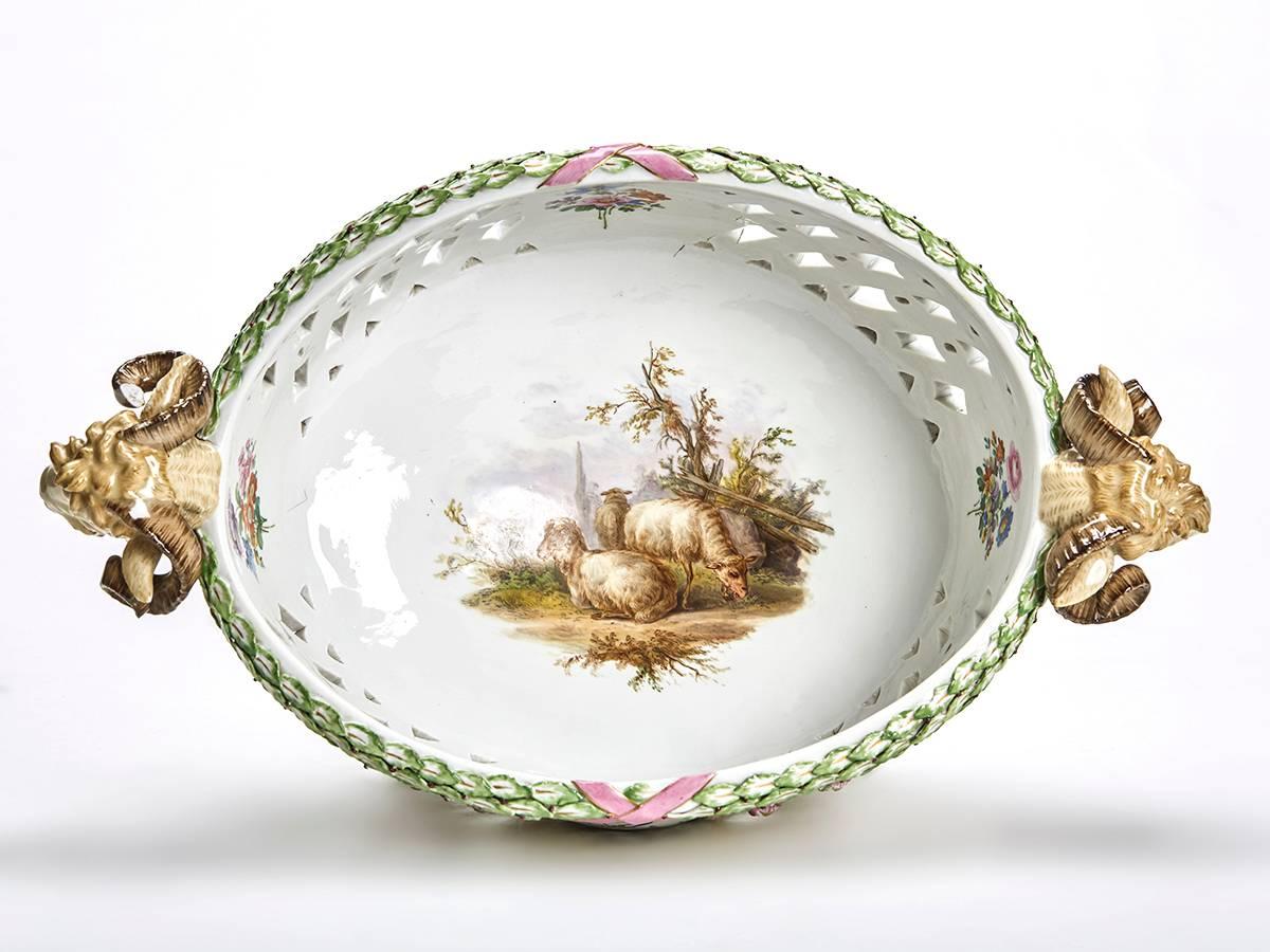 Neoclassical Antique Pierced Meissen Rams Head Footed Basket, 19th Century
