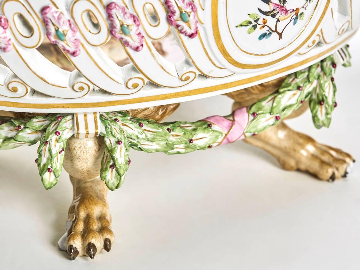 Gilt Antique Pierced Meissen Rams Head Footed Basket, 19th Century