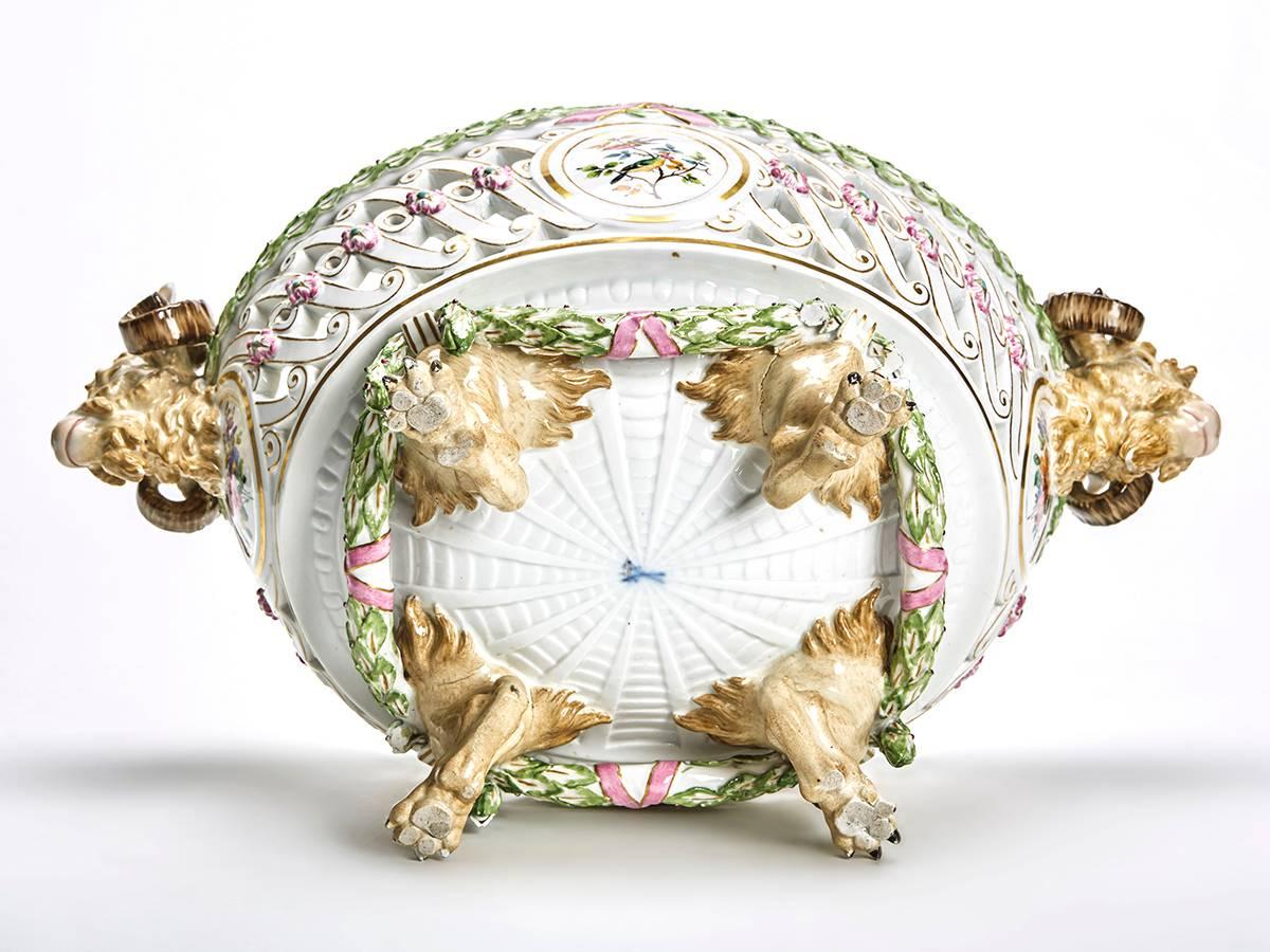 German Antique Pierced Meissen Rams Head Footed Basket, 19th Century