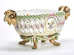 Antique Pierced Meissen Rams Head Footed Basket, 19th Century