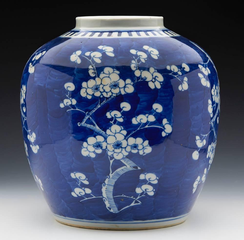 Glazed Large Antique Chinese Kangxi Mark Blue & White Porcelain Hawthorn Jar, 19th C