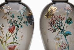 Pair of Antique Moser Butterfly and Floral Lidded Jars, circa 1910