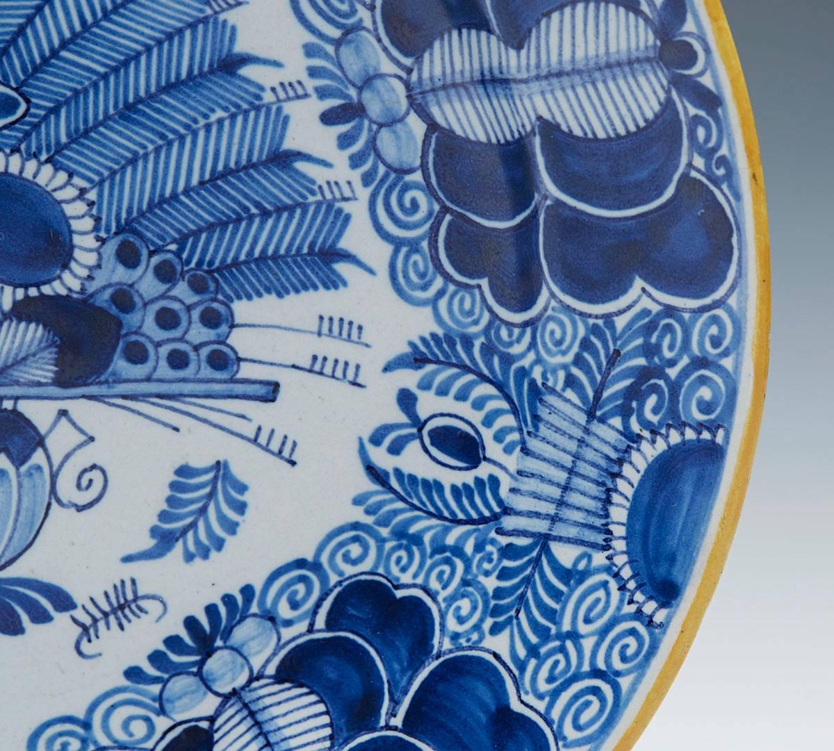 Earthenware Antique Dutch Delft Peacock Pottery Plate Signed, circa 1750