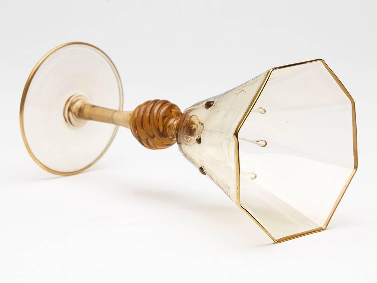 Early 20th Century Six Murano MVM Cappellin Amber Wine Glasses, circa 1925
