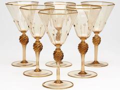 Six Murano MVM Cappellin Amber Wine Glasses, circa 1925