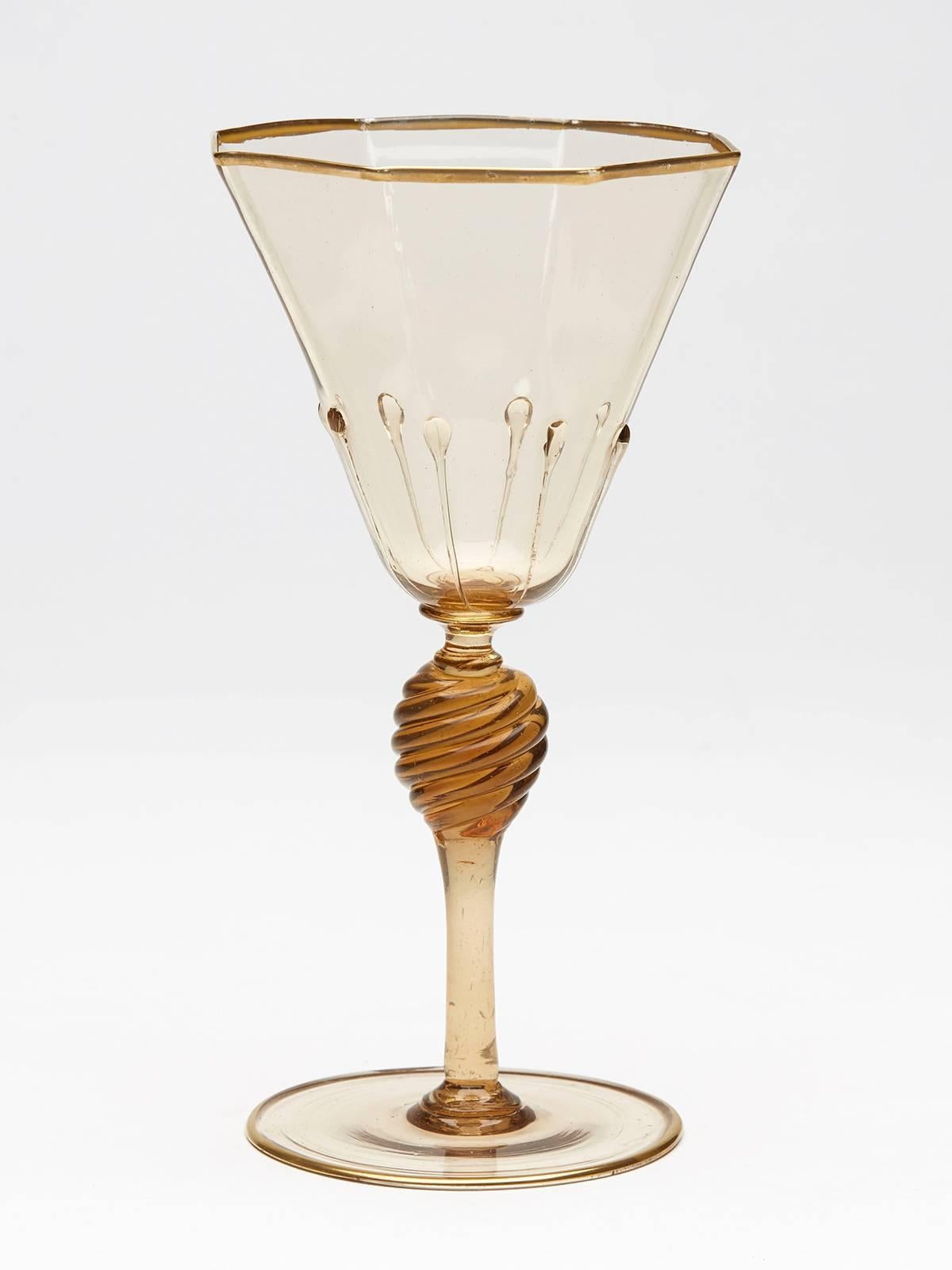 Six Murano MVM Cappellin Amber Wine Glasses, circa 1925 In Excellent Condition In Bishop's Stortford, Hertfordshire