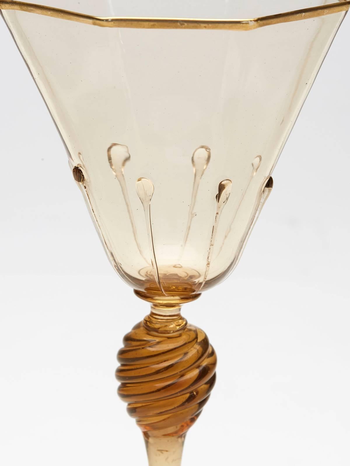 Murano Glass Six Murano MVM Cappellin Amber Wine Glasses, circa 1925
