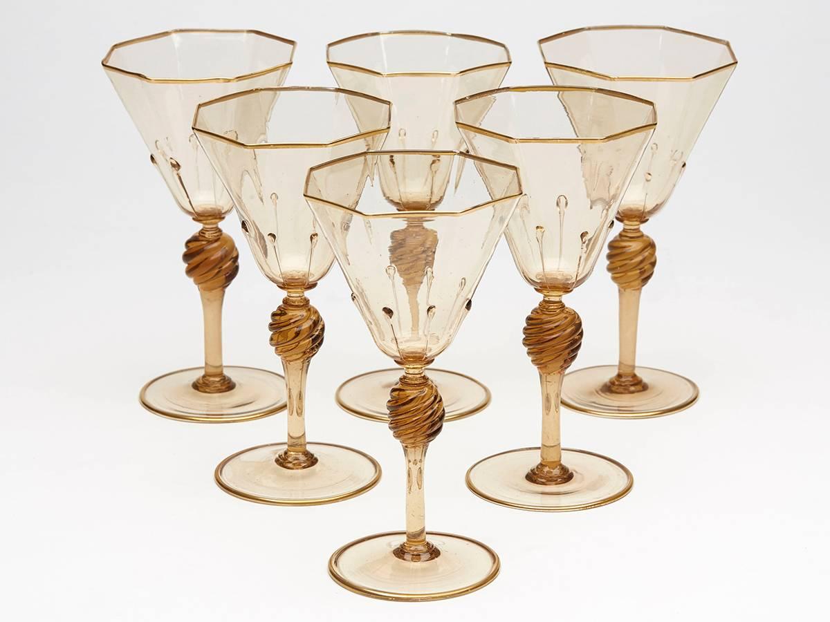 Italian Six Murano MVM Cappellin Amber Wine Glasses, circa 1925