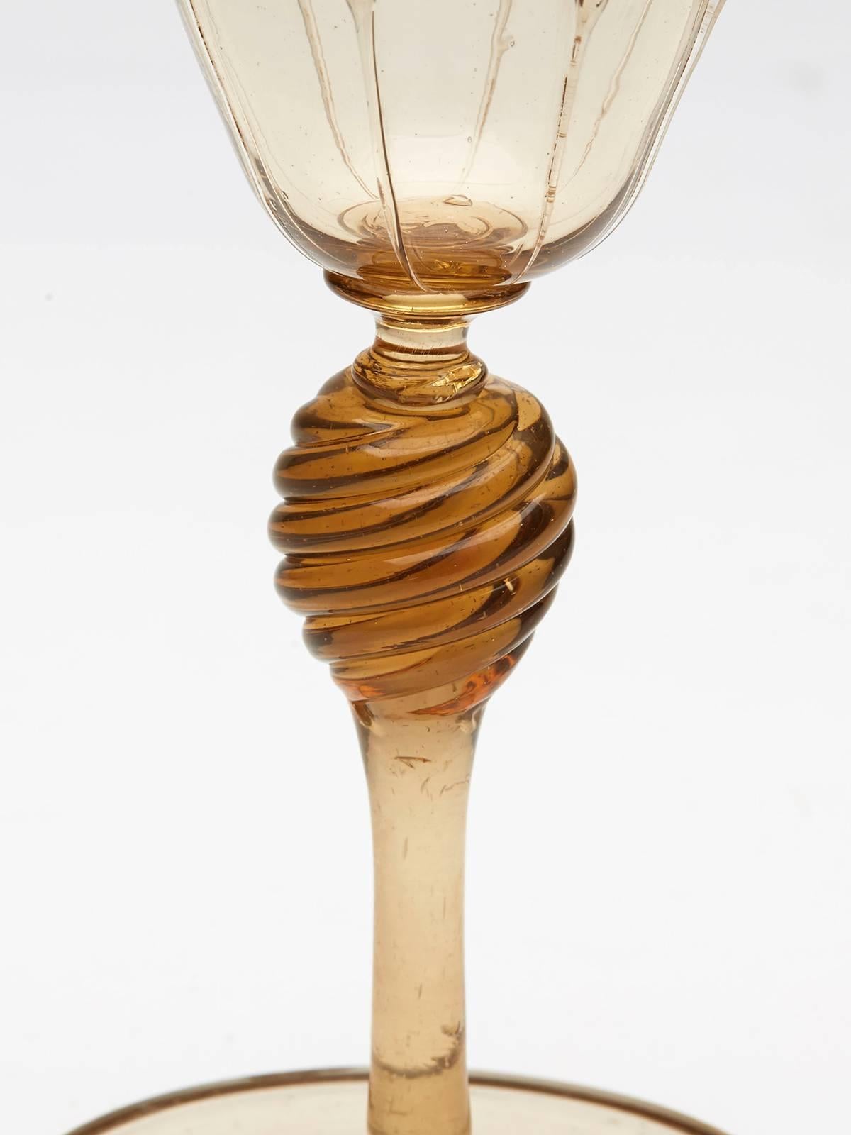 Six Murano MVM Cappellin Amber Wine Glasses, circa 1925 4