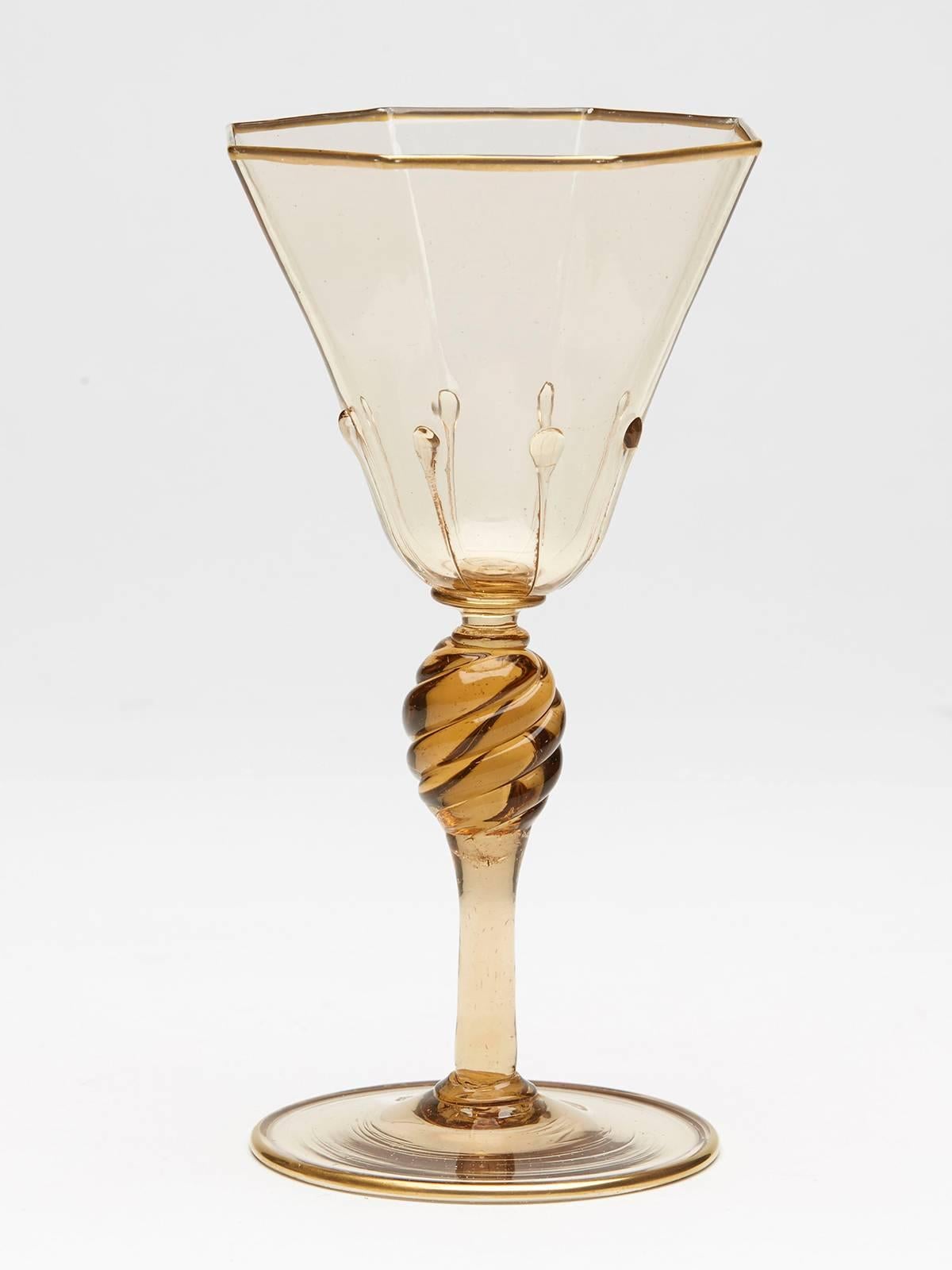 Early 20th Century Eight Art Deco Murano MVM Cappellin Amber Wine Glasses, circa 1925