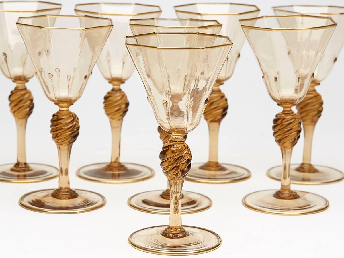 Italian Eight Art Deco Murano MVM Cappellin Amber Wine Glasses, circa 1925