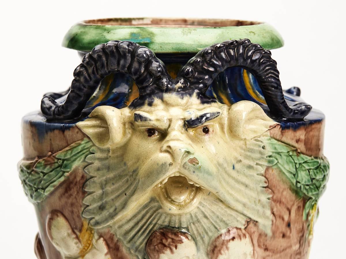 European Antique Lidded Majolica Grotesque Horned Head Vase, 19th Century For Sale
