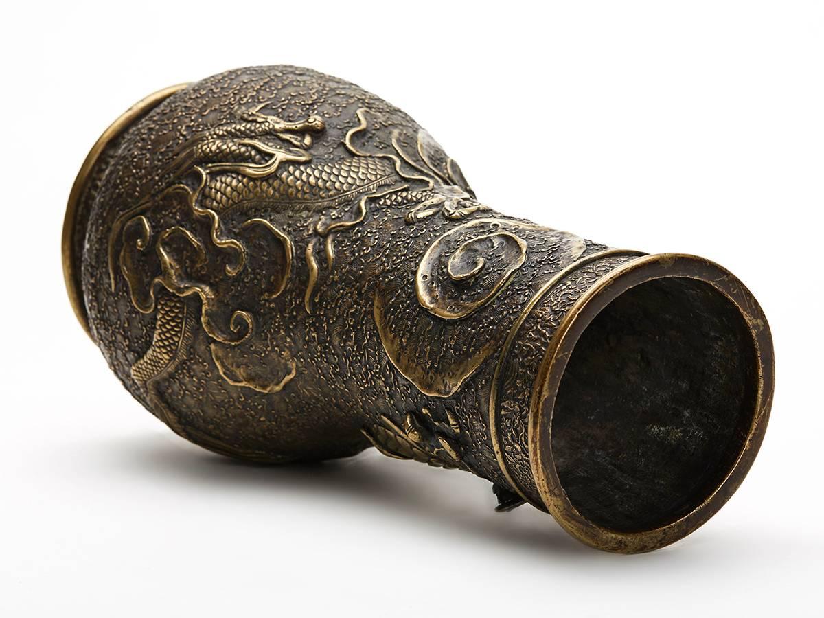 19th Century Antique Japanese Meiji Scrolling Dragon Bronze Vase 4