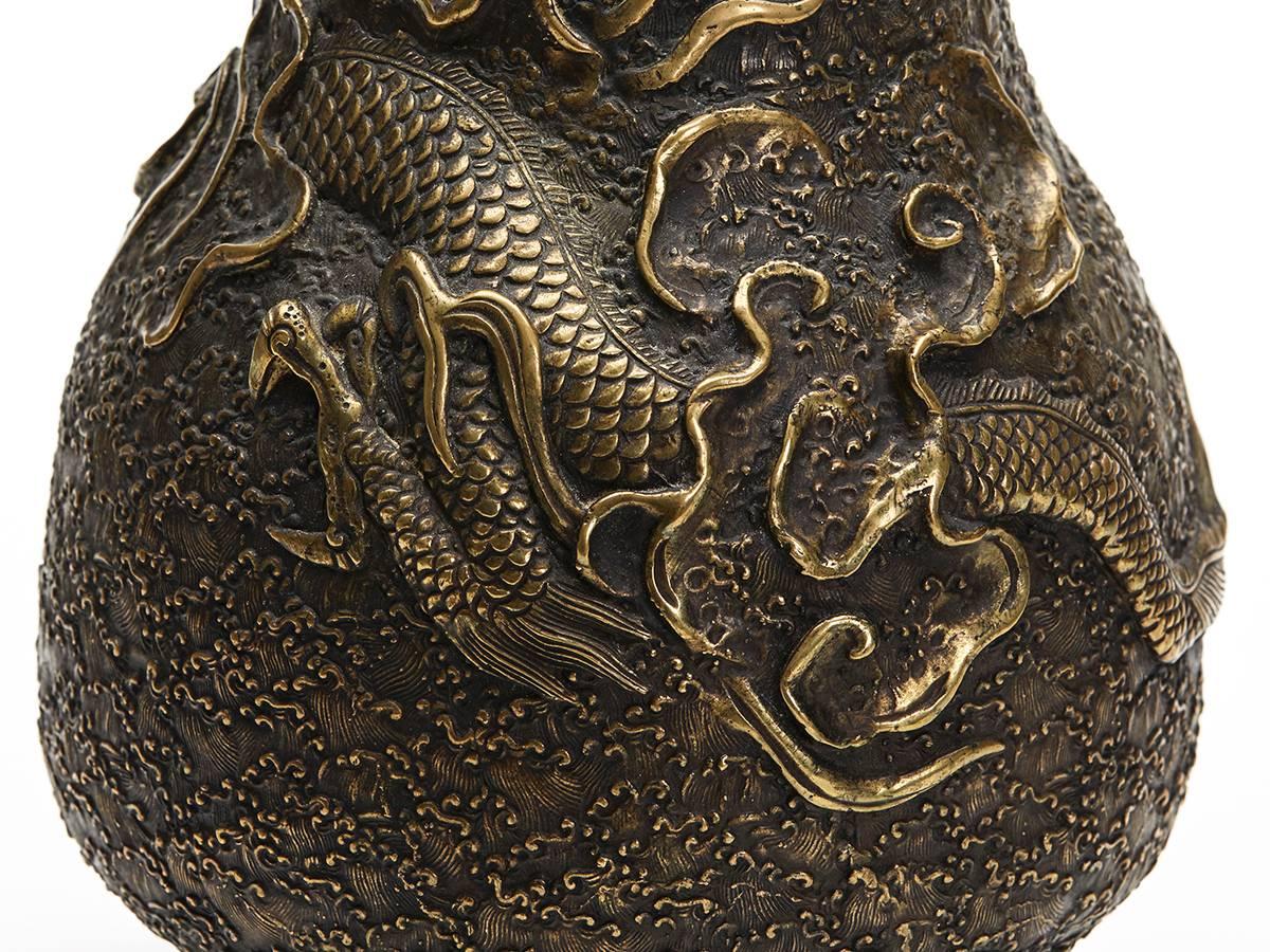19th Century Antique Japanese Meiji Scrolling Dragon Bronze Vase 3
