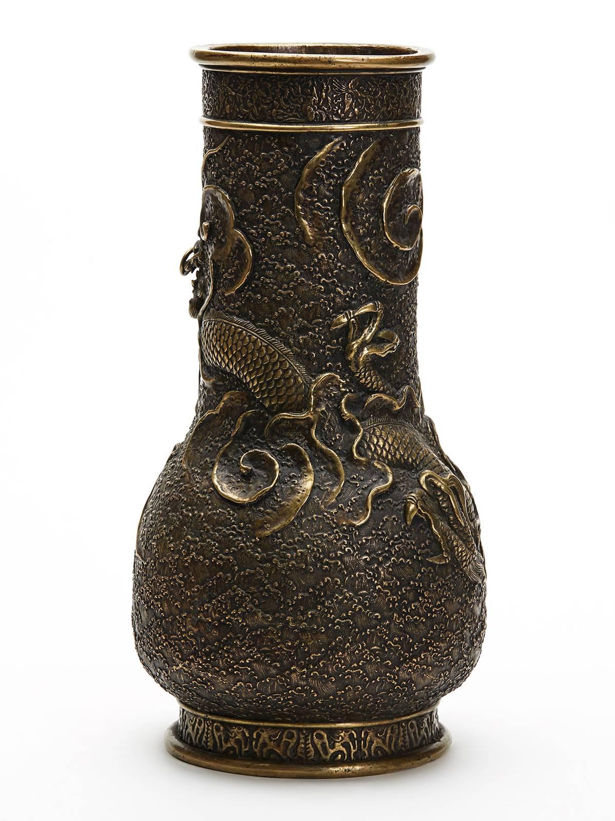 Molded 19th Century Antique Japanese Meiji Scrolling Dragon Bronze Vase