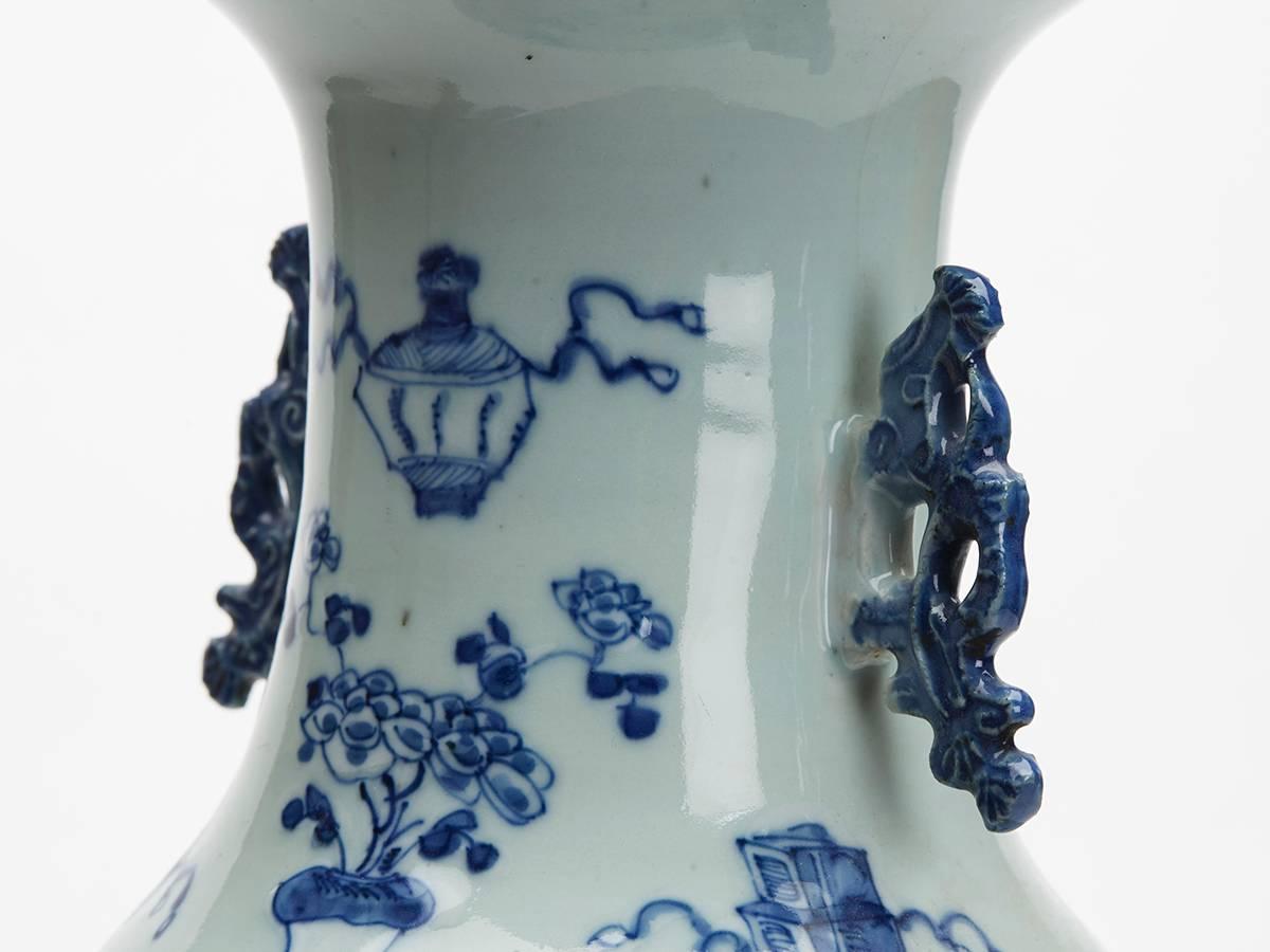 Glazed Large Antique Chinese Celadon Blue and White Vase, circa 1900