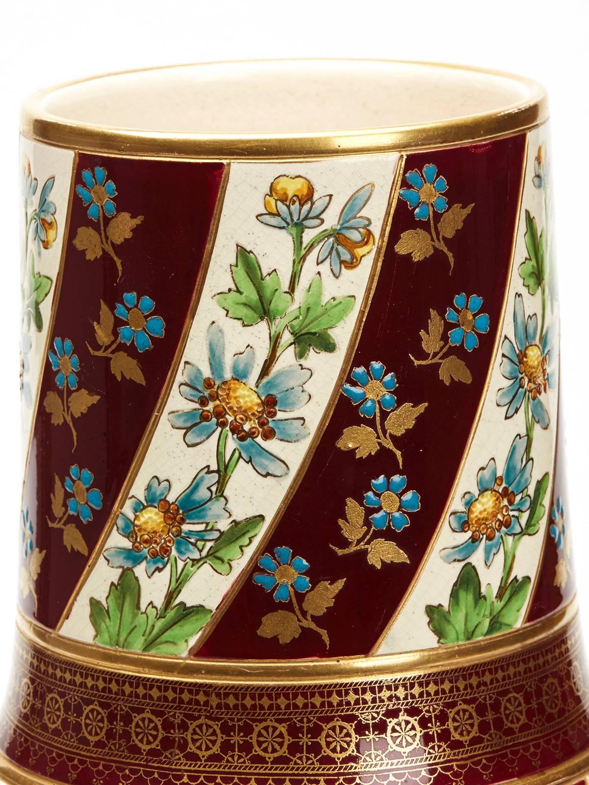 Hand-Painted Antique French Sarreguemines Floral Painted Vase, circa 1880