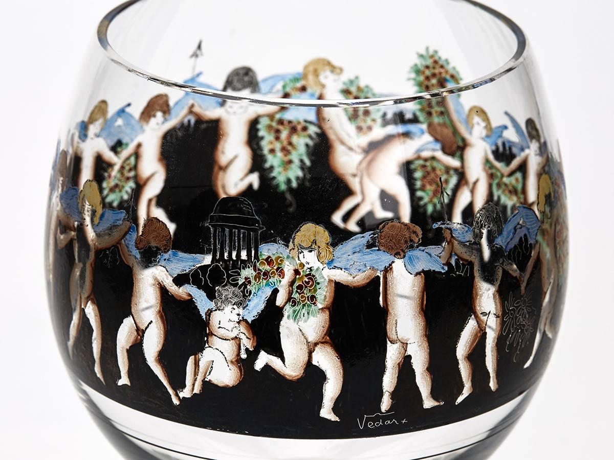 Enameled Six Vetri Della Arte Enamelled Glass Goblets, 20th Century For Sale