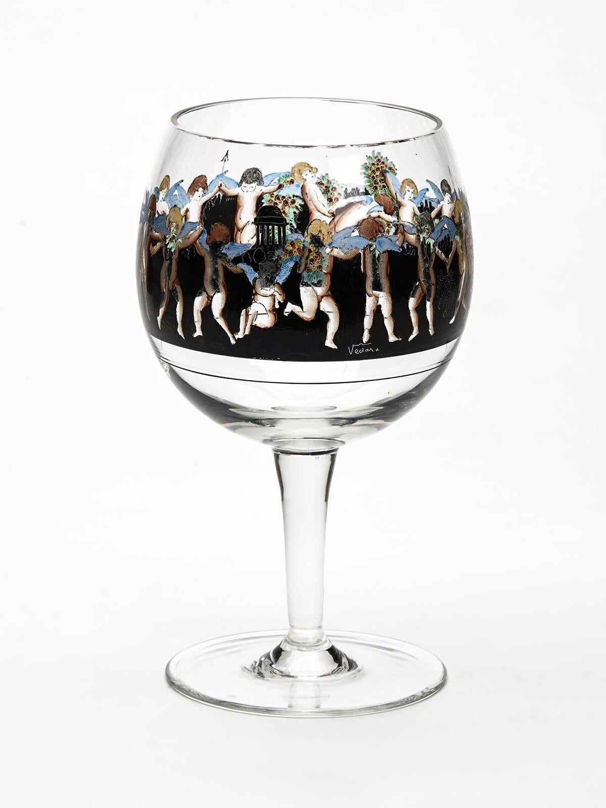 Art déco Six gobelets en verre émaillé Vetri Della Arte, XXe siècle en vente