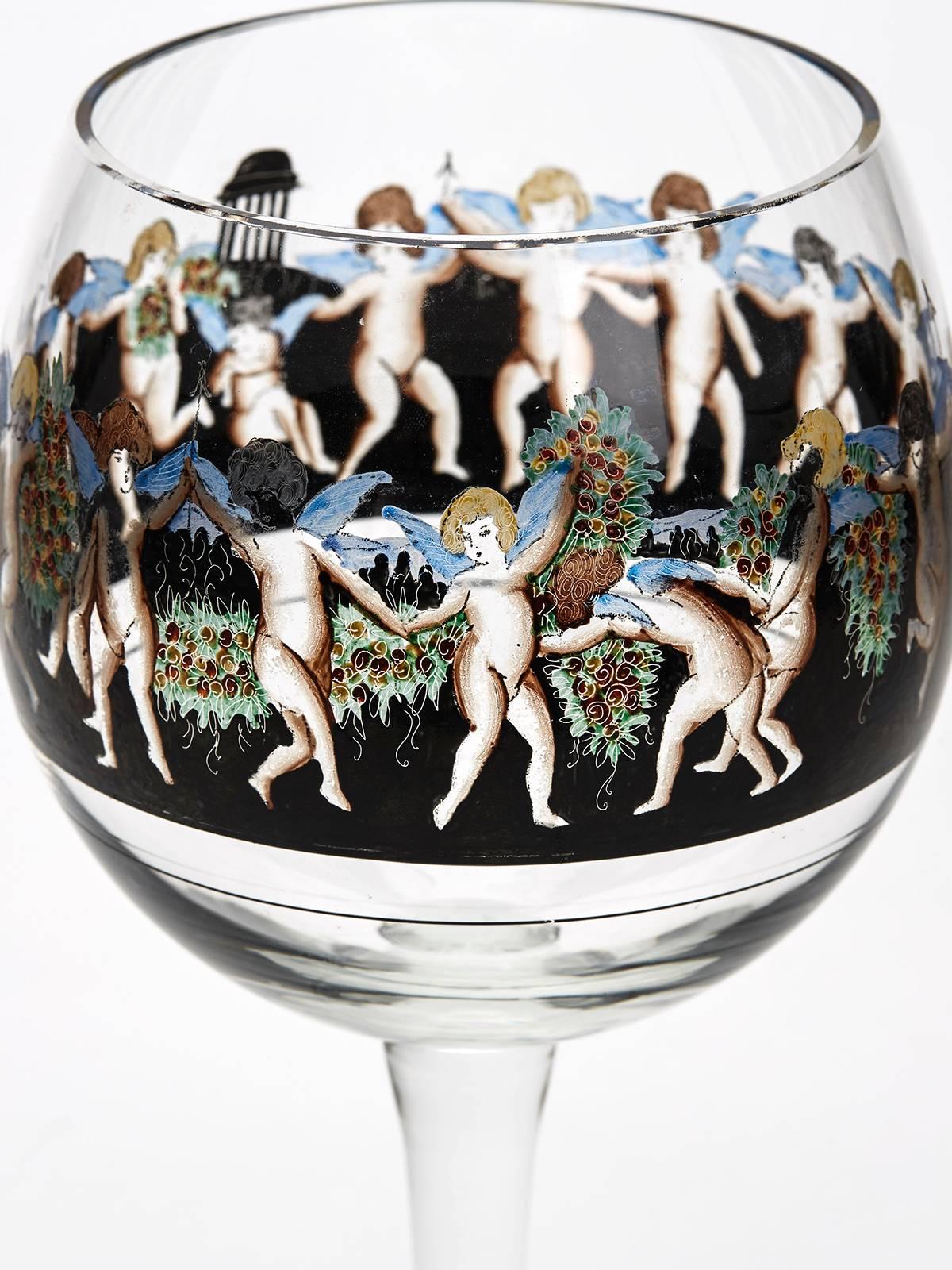 Italian Six Vetri Della Arte Enamelled Glass Goblets, 20th Century For Sale