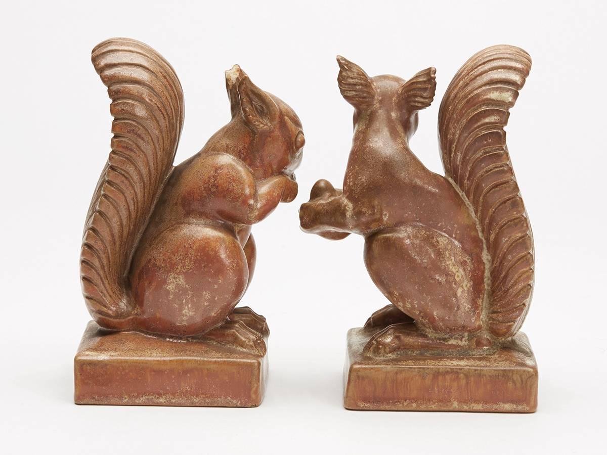 British Pair Doulton Lambeth Art Pottery Squirrel Bookends Florrie Jones, Circa 1915