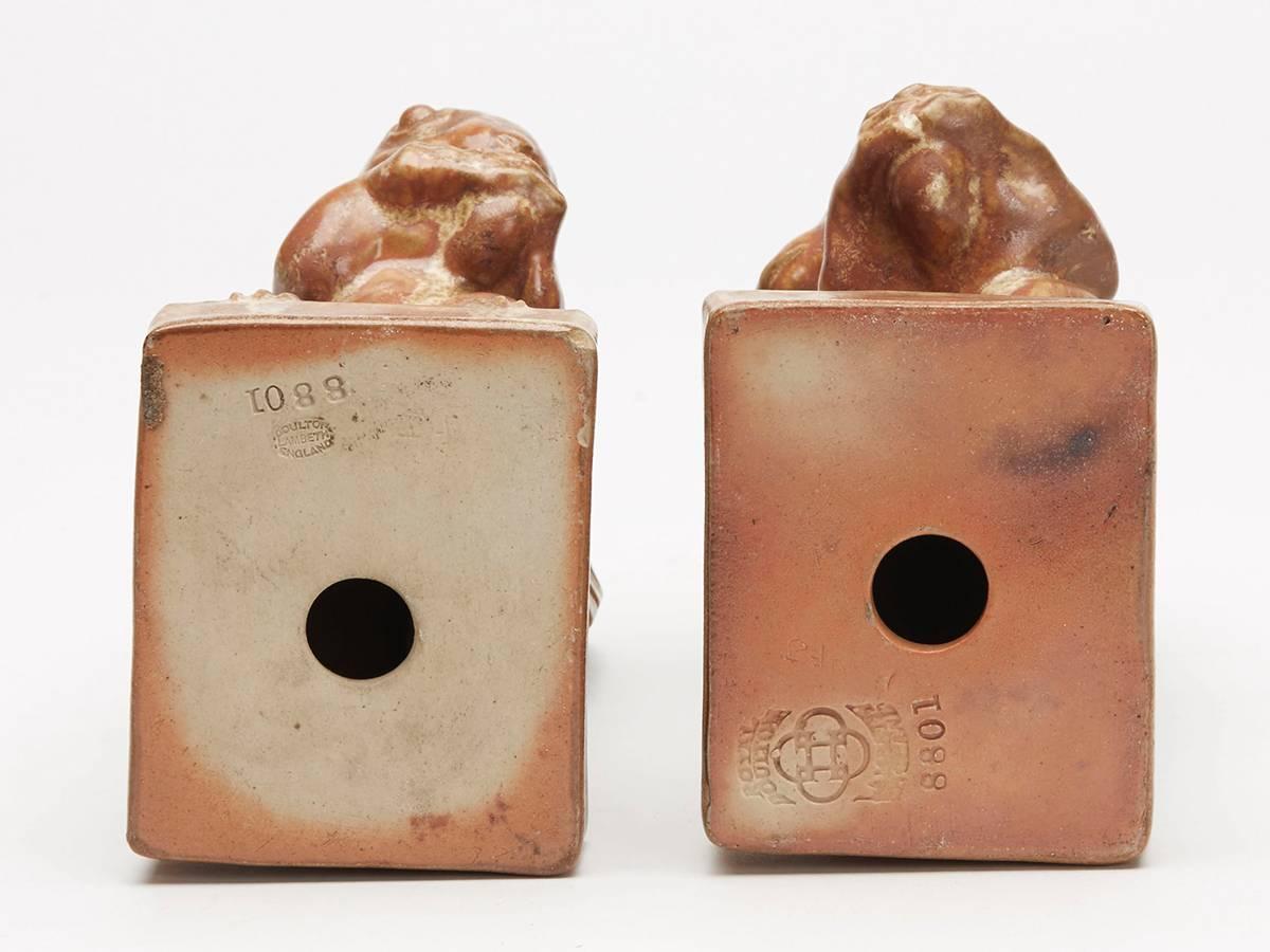 Early 20th Century Pair Doulton Lambeth Art Pottery Squirrel Bookends Florrie Jones, Circa 1915